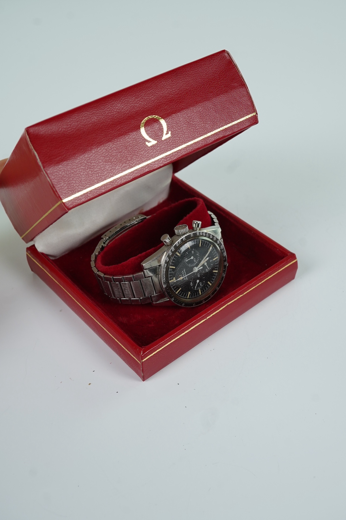A gentleman's early 1967 stainless steel Omega Speedmaster 'Ed White' pre moon chronograph manual wind wrist watch